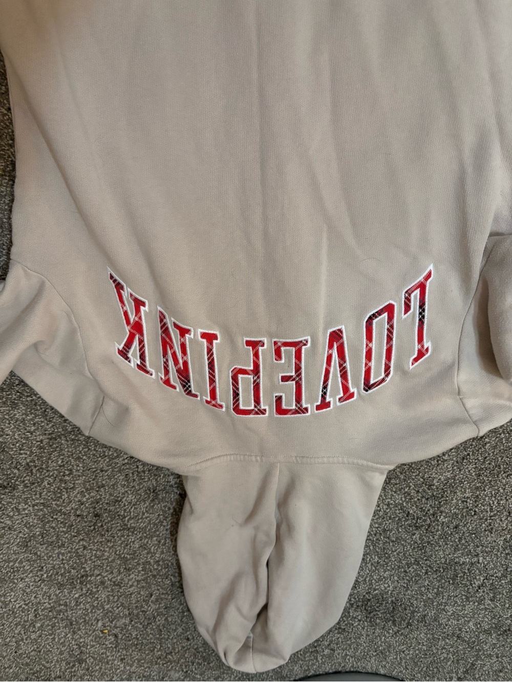 PINK Victoria's Secret Beige Sweatpants with Red LOVE PINK Lettering